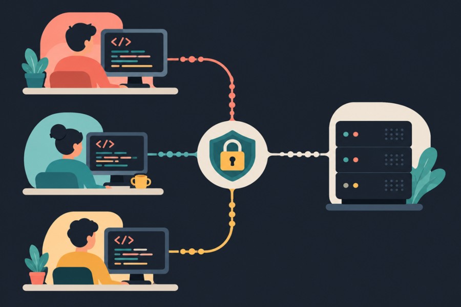 Flat vector of a distributed dev team connected through a central security shield to a server